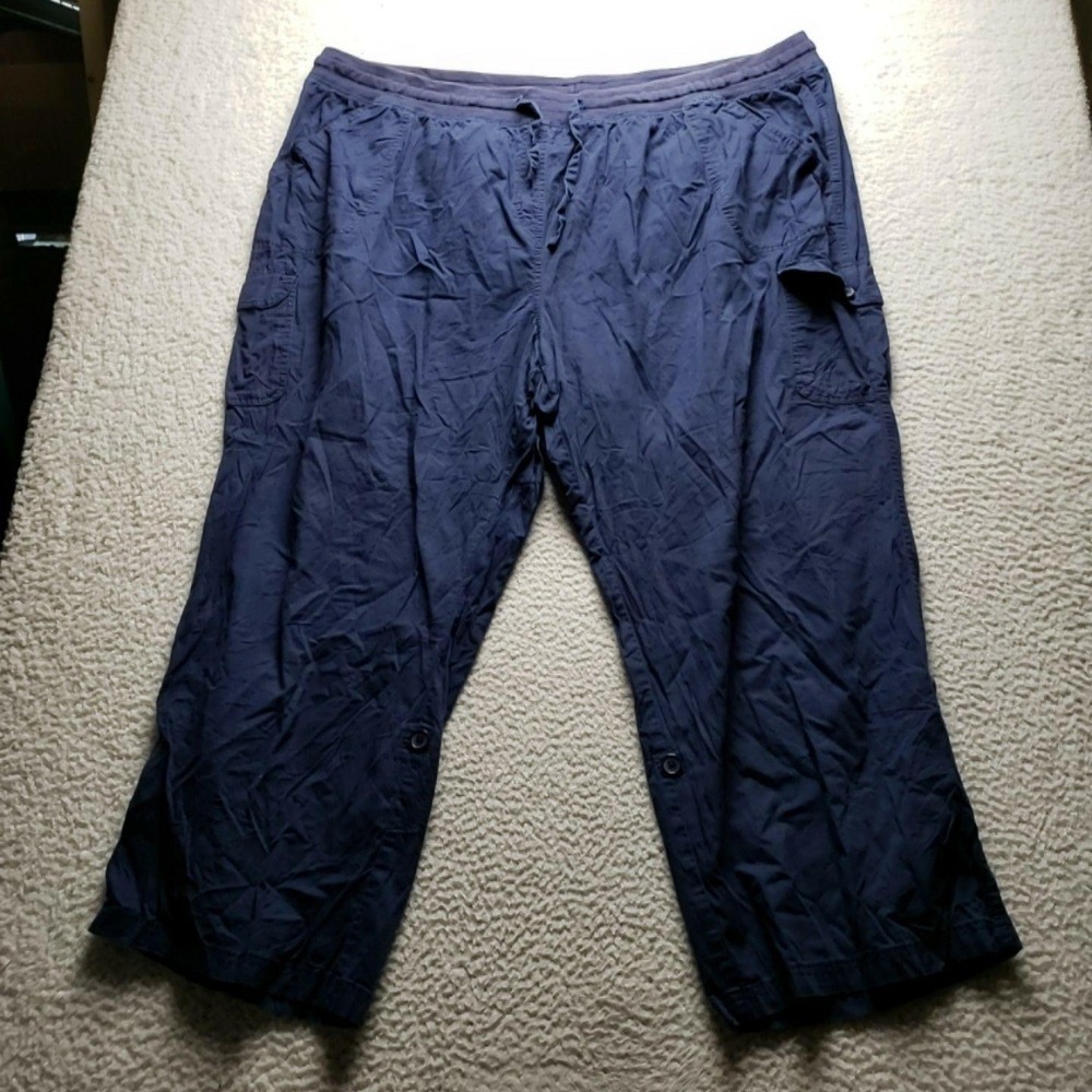 Woman Within Pants Womens 34W Blue Twill Cargo Drawstring Elastic Waist Pockets